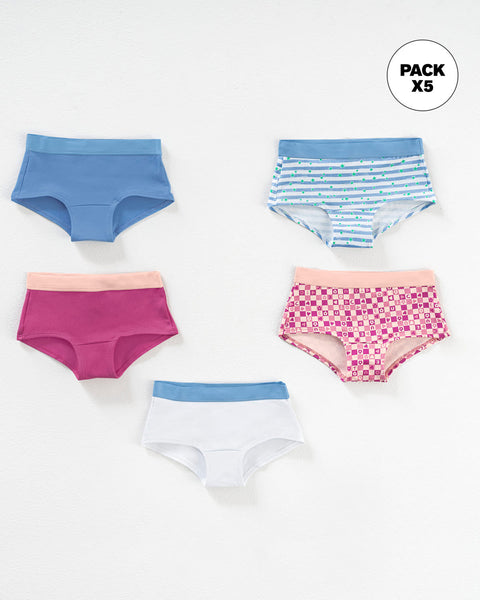 Paquete x 5 panties tipo hipster en algodón suave para niña#color_s26-cuadros-rayas-rosado-azul-blanco