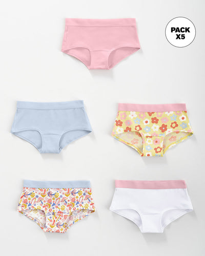 Paquete x 5 panties tipo hipster en algodón suave para niña#color_s28-rosado-blanco-azul-flores-coral