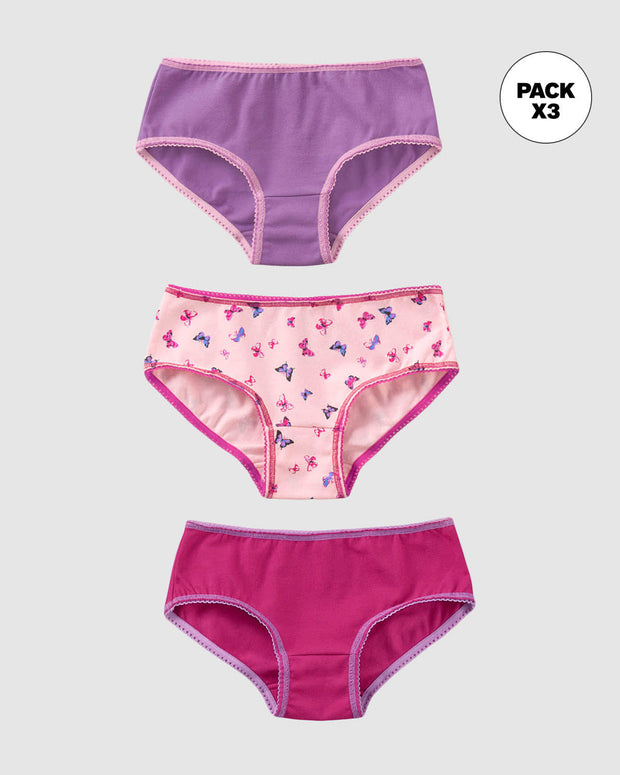 Paquete x 3 panties clásicos en algodón suave para niña#color_s24-mariposas-rosa-oscuro-lila