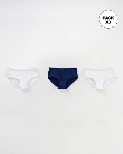 Paquete x 3 panties clásicos en algodón suave para niña#color_s30-azul-oscuro-blanco