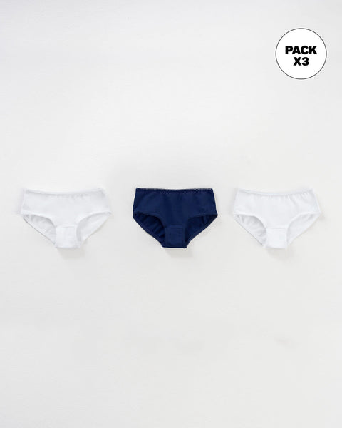 Paquete x 3 panties clásicos en algodón suave para niña#color_s30-azul-oscuro-blanco