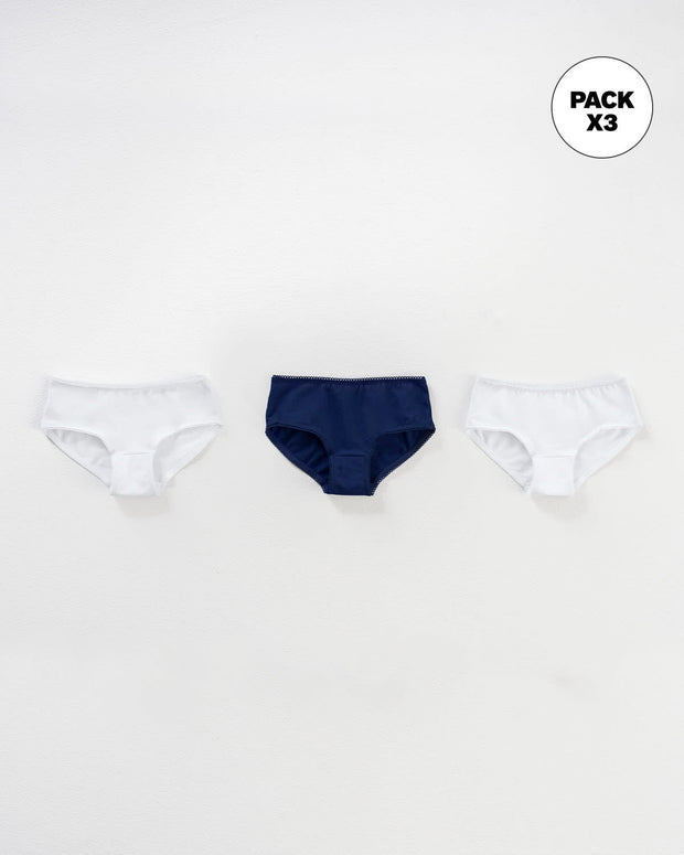 Paquete x 3 panties clásicos en algodón suave para niña#color_s30-azul-oscuro-blanco
