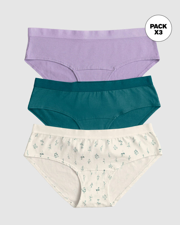 Paquete x 3 panties estilo hipster en algodón#color_s65-lila-estampado-hojas-verde-turqueza