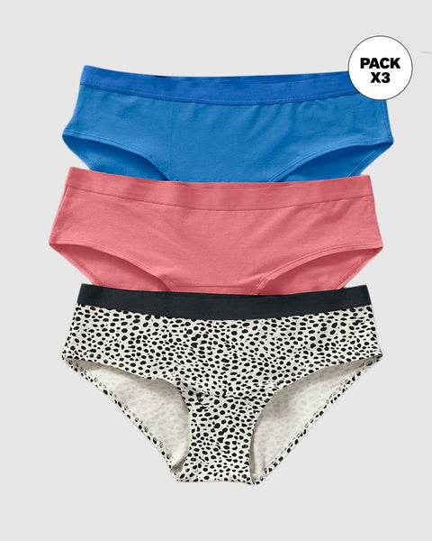 Paquete x 3 panties estilo hípster en algodón#color_s68-estampado-manchas-negras-coral-azul