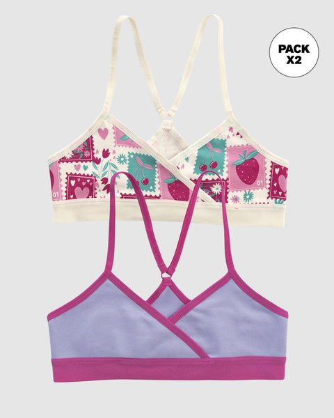 Top principiante con espalda deportiva para niña paquete x 2#color_s03-lila-marfil-corazones