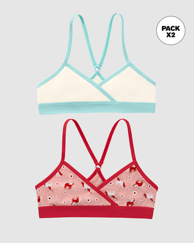 Top principiante con espalda deportiva para niña paquete x 2#color_s04-fondo-rosa-estampado-fondo-marfil