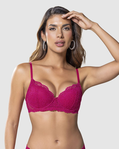 Brasier de realce suave en encaje con cargaderas multiusos#color_957-fucsia
