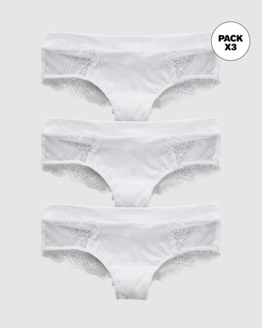 Paquete x3 panties cachetero en microfibra y detalles en encaje#color_000-blanco