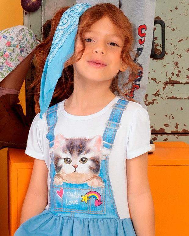 Vestido manga corta niña gato estampado#color_547-estampado-azul