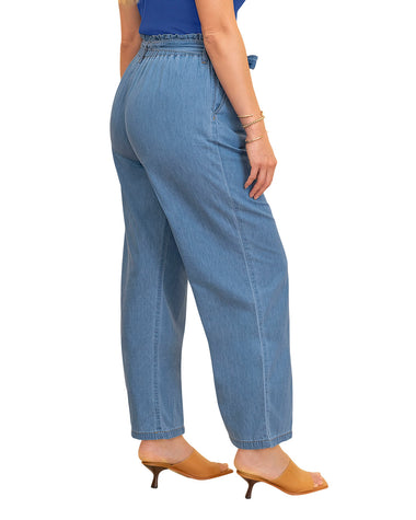 Pantalón paper bag con tira para anudar en cintura#color_052-azul-medio