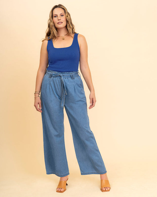 Pantalón paper bag con tira para anudar en cintura