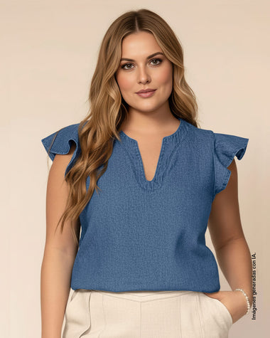 Blusa en índigo liviano con boleros en mangas#color_052-azul-medio