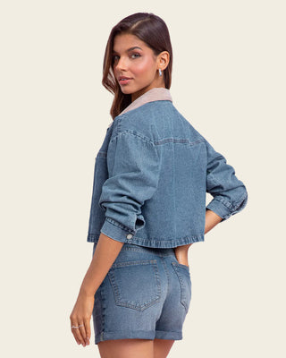 Chaqueta en denim con cuello en corduroy#color_141-indigo