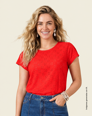 Camiseta manga corta con detalles en ojalillo#color_c36-rojo