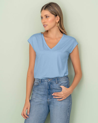 Camiseta manga corta con cuello en V para mujer#color_022-azul-claro