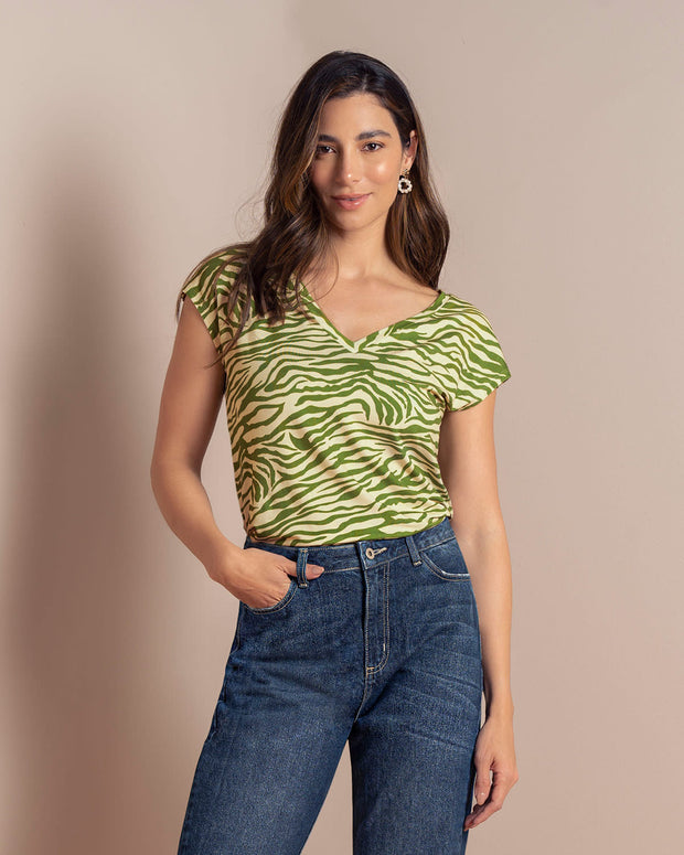 Camiseta manga corta con cuello en V para mujer#color_045-cebra-verde