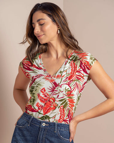 Camiseta manga corta con cuello en V para mujer#color_173-hojas