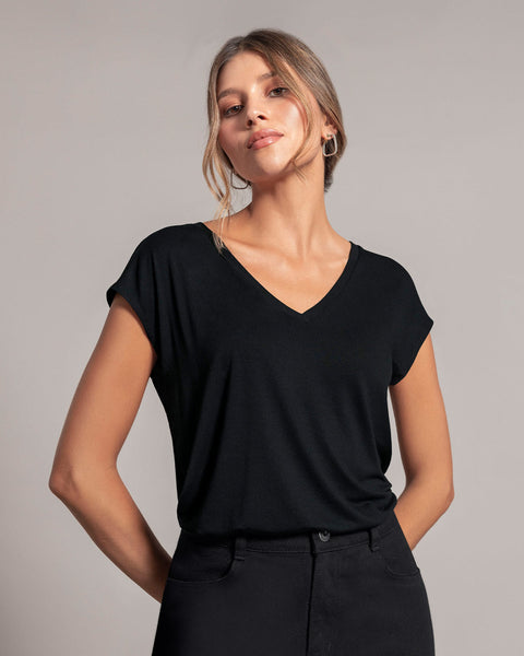 Camiseta manga corta con cuello en V para mujer#color_700-negro