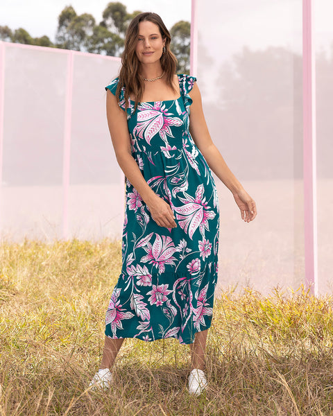 Vestido largo estampado con bolero en mangas#color_012-verde-estampado
