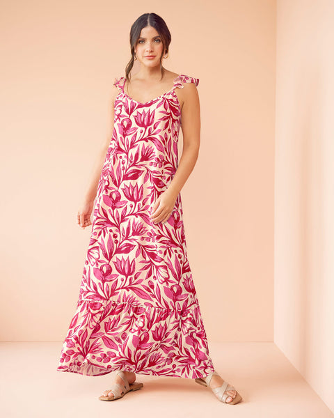 Vestido largo con boleros en hombros#color_145-estampado-fucsia