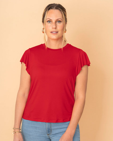 Camiseta manga corta con cuello redondo y boleros en mangas#color_340-rojo