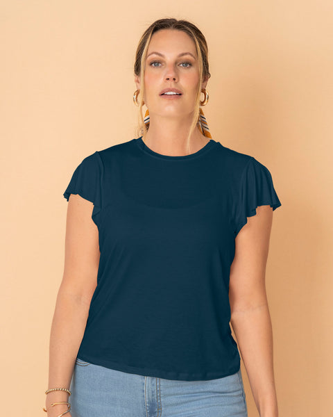 Camiseta manga corta con cuello redondo y boleros en mangas#color_543-azul