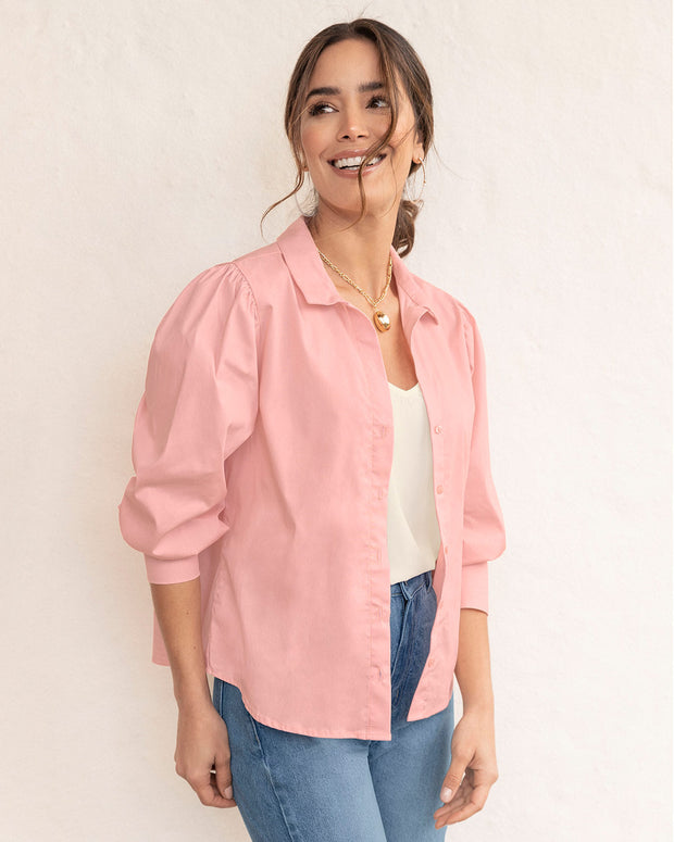 Blusa manga 3/4 con perilla funcional y recogido en hombros#color_313-rosado