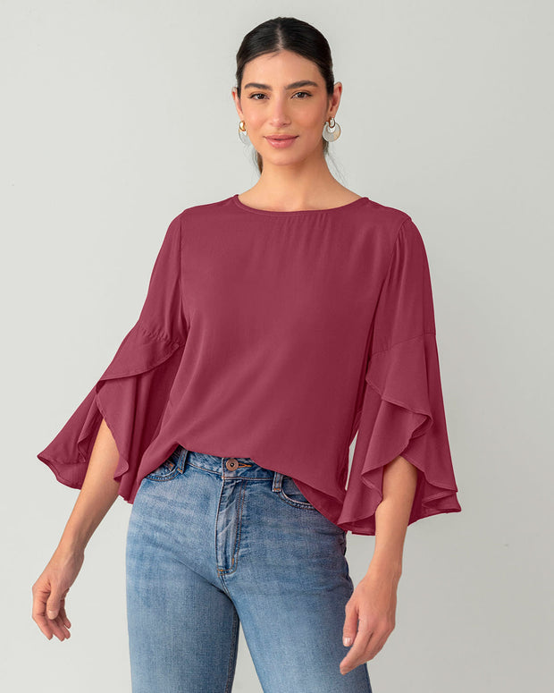 Blusa manga corta con cuello redondo y bolero en mangas