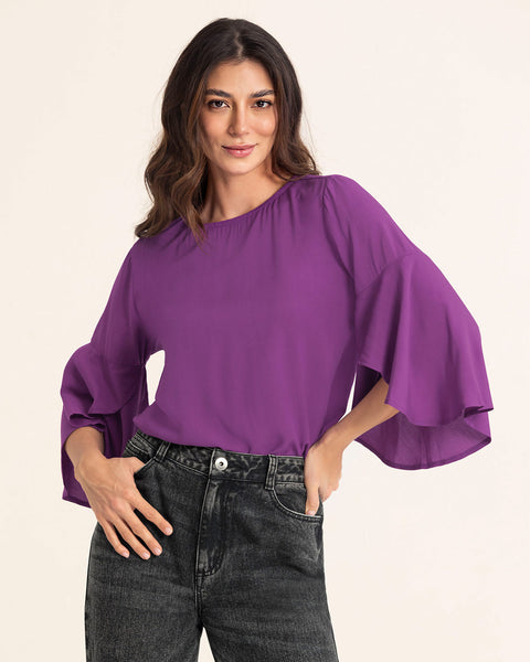 Blusa manga corta con cuello redondo y bolero en mangas#color_411-morado