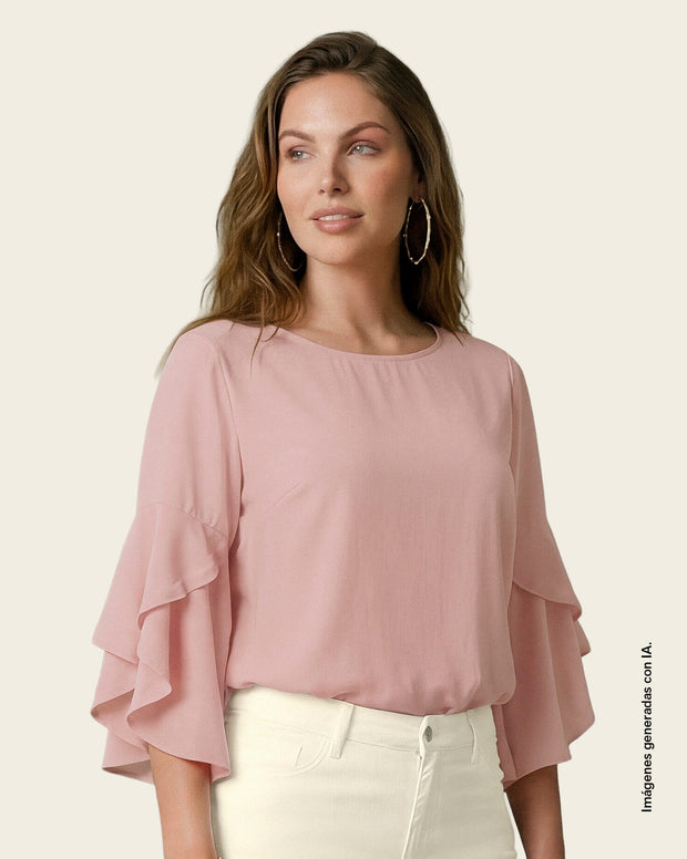 Blusa manga corta con cuello redondo y bolero en mangas