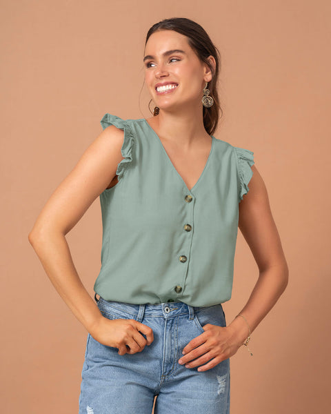 Blusa manga sisa con perilla funcional y detalle de bolero en hombros#color_254-verde-pastel