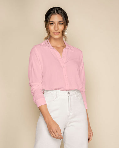 Blusa manga larga con cuello camisero y perilla funcional#color_301-rosado