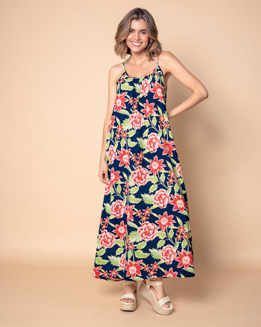 Vestido largo de tiritas y escote en U recogido#color_069-flores