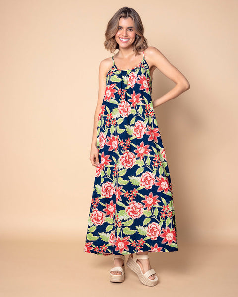 Vestido largo de tiritas y escote en U recogido - Main Image