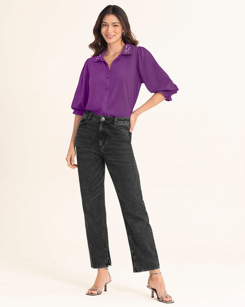 Blusa manga corta con aplique de perlas#color_411-morado