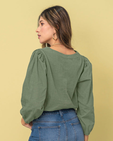 Blusa manga 3/4 con efecto volumen#color_601-verde