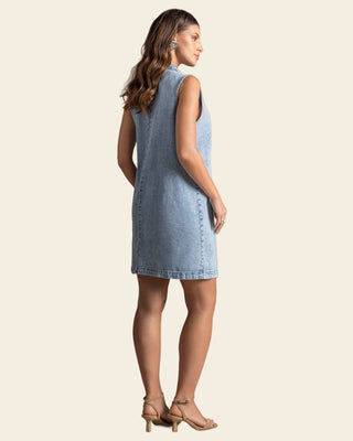 Vestido corto con cuello camisero y manga sisa#color_141-indigo-claro