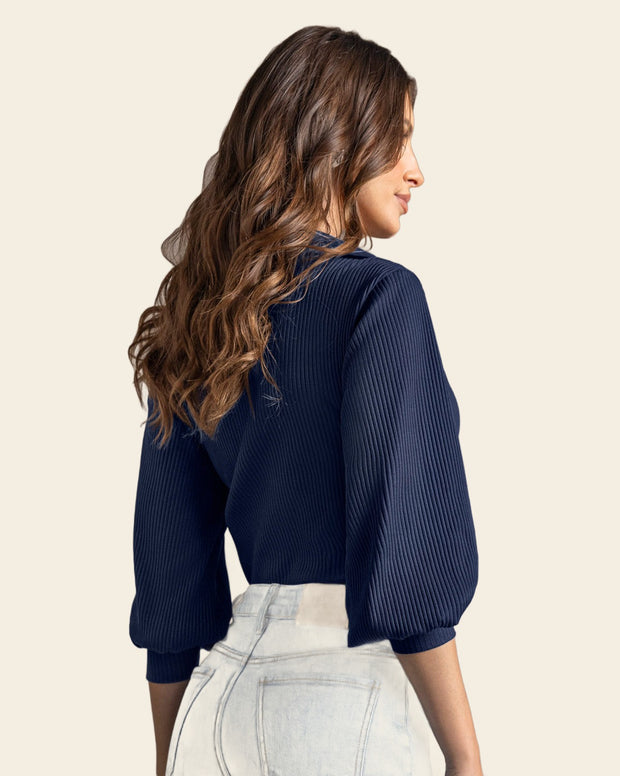 Camiseta manga larga con cuello tejido y tela acanalada