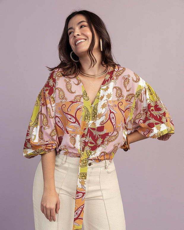 Blusa manga 3/4 con tiras para anudar en cintura