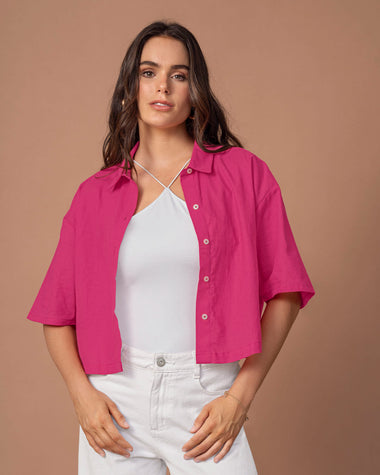 Blusa crop manga corta con perilla funcional#color_316-fucsia