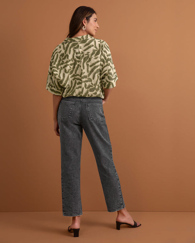 Blusa manga corta con elástico en cintura#color_001-marfil-verde-estampado