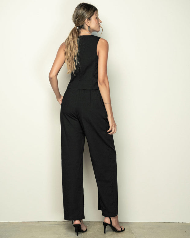 Pantalón con elástico en cintura y bolsillos laterales funcionales#color_701-negro