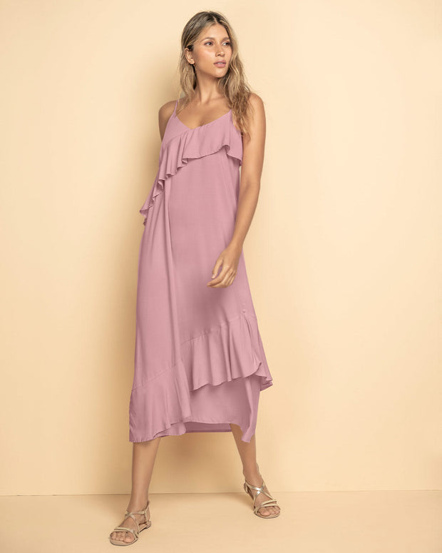 Vestido largo con escote en V y tiritas#color_301-rosado