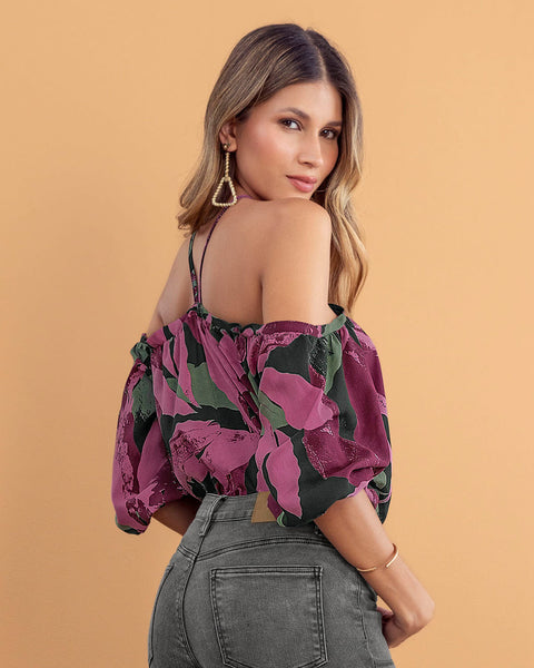 Blusa manga 3/4 de hombro caído y tiras en frente#color_001-estampado-morado