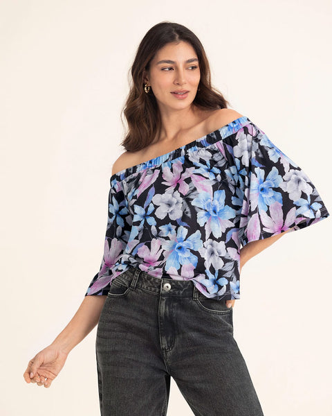 Blusa strapless tipo campesina#color_145-estampado-flores-azul-rosa