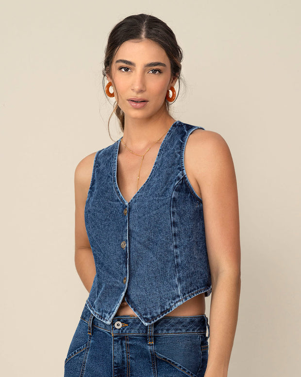 Chaleco corto en tela tipo denim
