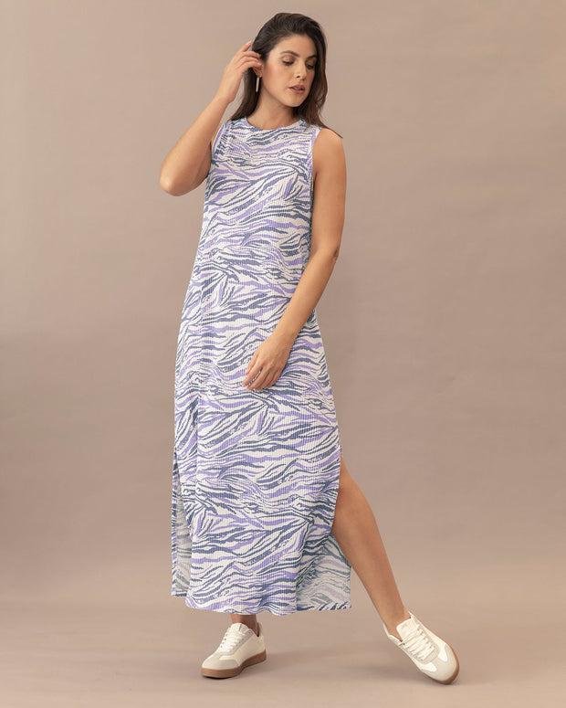 Vestido largo manga sisa cuello redondo con aberturas laterales