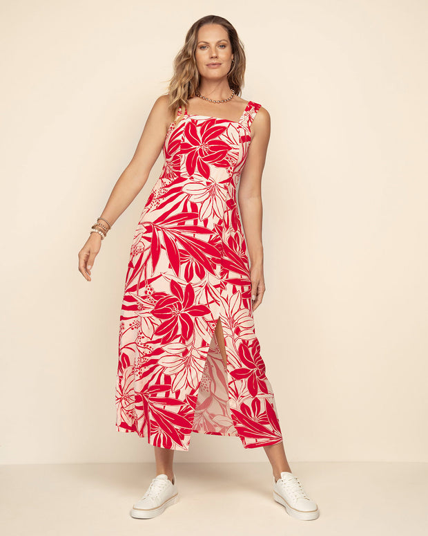 Vestido midi estampado con elástico en tiras y nido de abeja en espalda