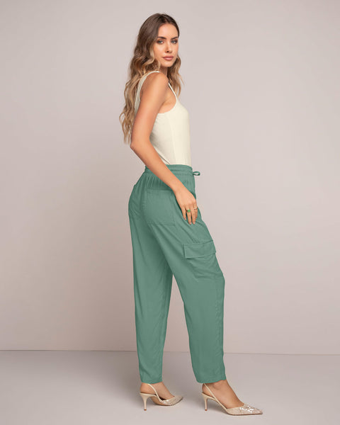 Pantalón recto con elástico y tira en cintura#color_172-verde-claro