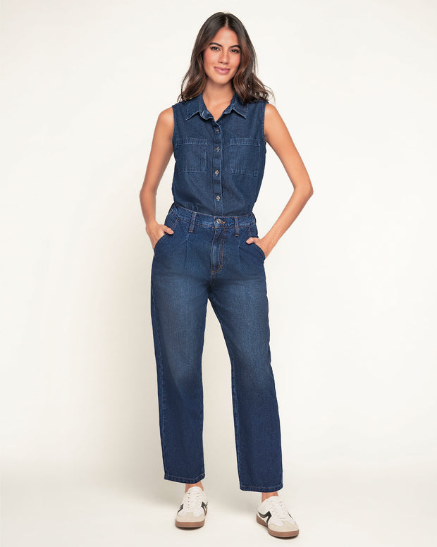 Blusa manga sisa cuello de camisero en denim liviano